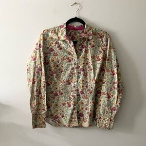 Izod Floral Button Down Shirt Tan Pink Blue Cotton Medium Casual